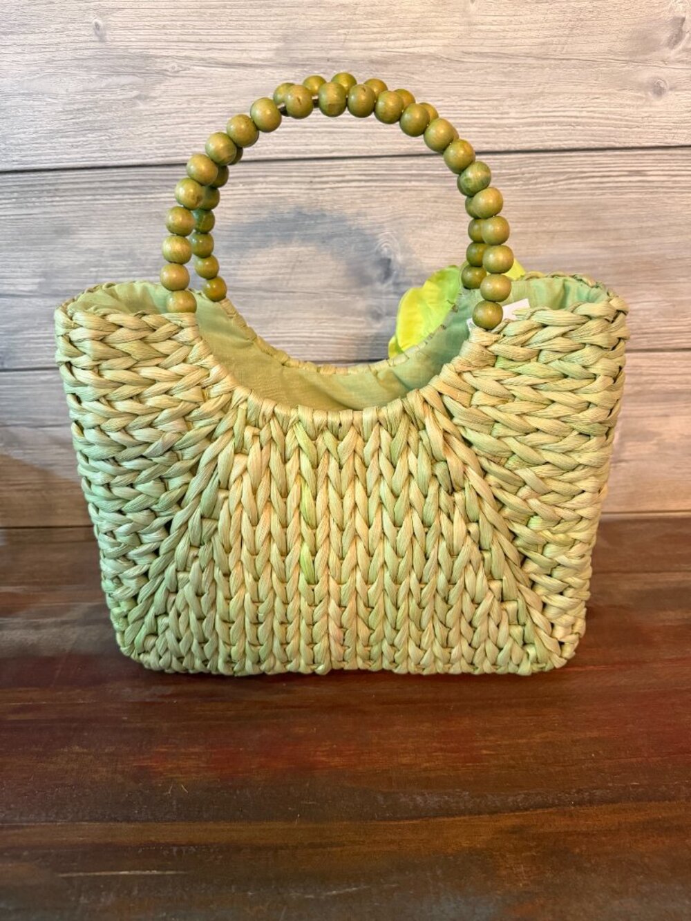 Alma Tonutti Handwoven Straw Bag Green Floral Beaded Handle Spring Easter Boho - Picture 2 of 8